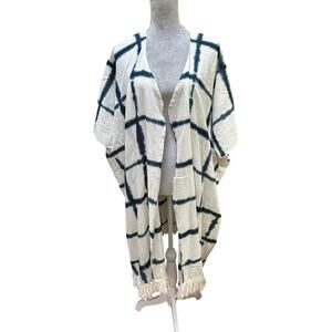GYPSY JUNKIES Cotton Kimono Duster Blue‎ White Tie Dye Fringe Trim Boho Festival